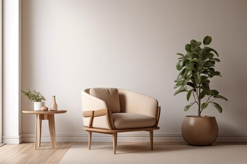 Warm neutral interior wall mockup in soft minimalist living room with rounded beige armchair, wooden side table, and palm leaf vase. illustration. Generative AI