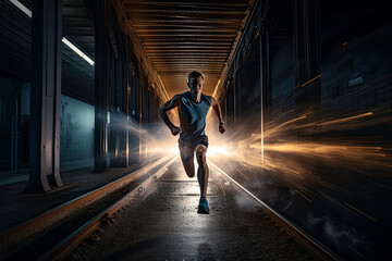 Generative AI Illustration of a runner in motion on dark background. Long exposure photography with motion blur lines