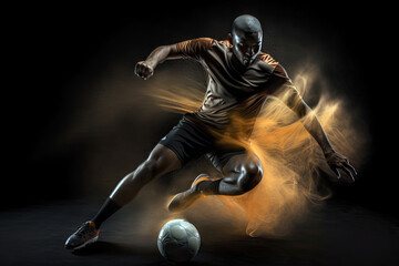 Generative AI Illustration of a soccer player making the movement of hitting the ball on dark background. Long exposure photography with motion blur lines - obrazy, fototapety, plakaty