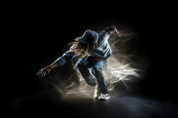 Generative AI Illustration of an urban dancer dancing on dark background. Long exposure photography with blur motion lines
