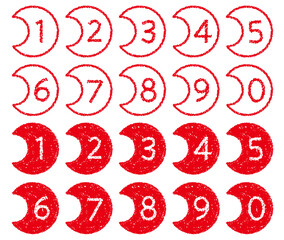 手描きのクレヨン素材　三日月形の数字アイコンセット　