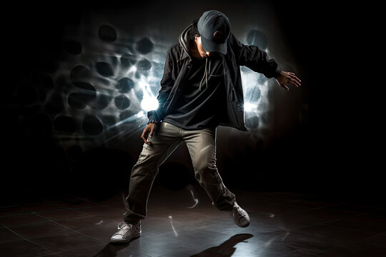 Generative AI Illustration of an urban dancer dancing on dark background. Long exposure photography with blur motion lines