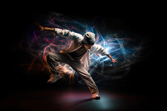 Generative AI Illustration of an urban dancer dancing on dark background. Long exposure photography with blur motion lines