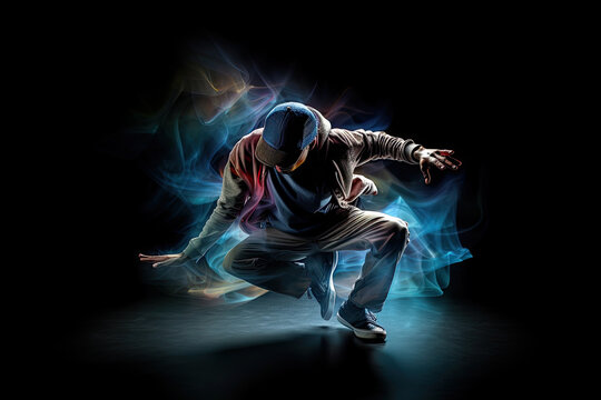 Generative AI Illustration of an urban dancer dancing on dark background. Long exposure photography with blur motion lines