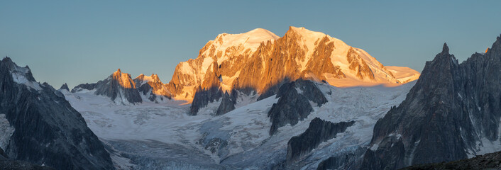 The panorama of Mont Blanc massif in the morning light.