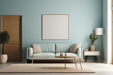 Living room interior wall mockup in warm neutrals with contemporary comfy furniture on empty canvas frame on blue wall backdrop. Generative AI