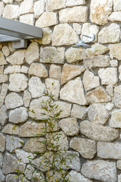 Suburban home from natural materials with landscaping around