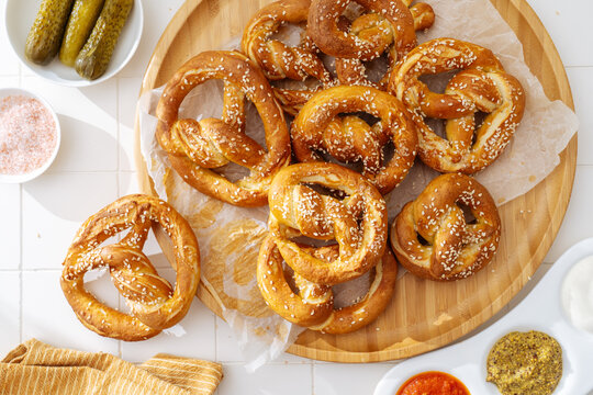 Fresh pretzels on a table