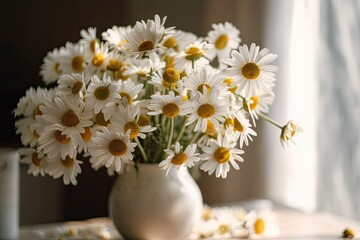 Daisy blooms in sunlight on white backdrop. Simple summer decor. Modern ceramic vase with daisies in bohemian decor. Summer wallpaper. Generative AI