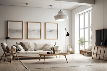 Scandinavian style living room with vacant frame for painting, photo, or writing in white light design. Generative AI