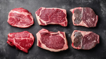 Variety of raw black Angus Prime meat steaks: t-bone, striploin, Rib eye, new york steak. Top view. On a stone background. 