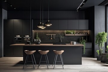 Dark walled modern kitchen design. Generative AI