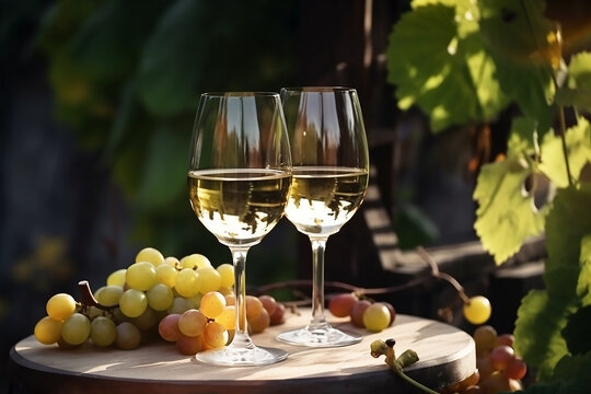 White Wine in wineglass, wine glasses and grapes close-up. Outdoors, generative AI tools 