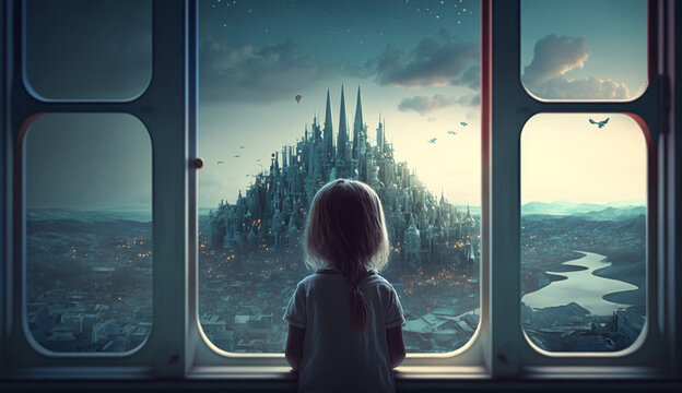 a little girl looking at the dream land from behind the window