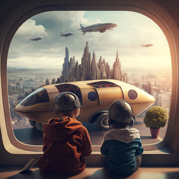 A Little Boys Looking At The City Of The Future With Flying Car From Behind The Window 1