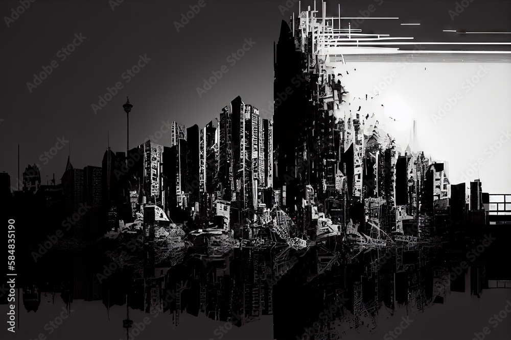 Poster a digital glitch that makes a cityscape look like it has been torn apart and reassembled in a different way., created with generative ai