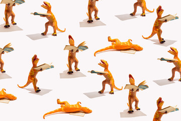 Creative and funny pattern of dinosaur who dramas because of studying, reading. Concept of...