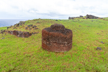 A Pukao with petroglyphs in Vinapu on Easter Island (Rapa Nui), Chile -2023. The pukao is an...