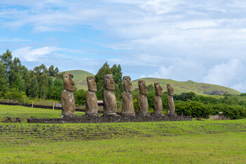  Side view of seven moai statues at Ahu Akivi, the only ahu with moai statues that are facing the...