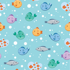 Seamless vector pattern of various fishes in water with bubbles