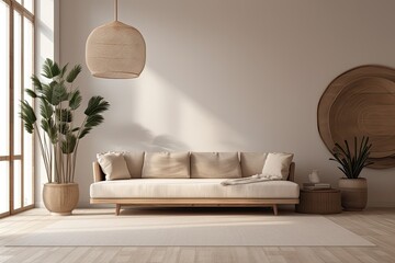 Wall mockup of a warm beige minimalist living room with curved low furniture and natural materials. illustration. Generative AI