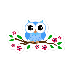 Blue baby owl on a branch full of flowers vector cute vector illustration