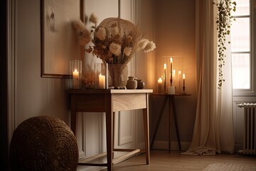 Beautiful, elegant wooden console, dried flowers arrangement, candles, rattan floor lamp, interior decorations. Contemporary minimalist living room design. Luxurious apartment interior. Generative AI