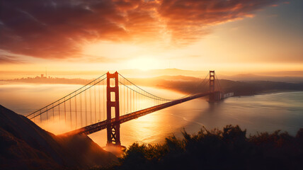 Aerial view of Golden Gate bridge at sunset, illustration ai generative