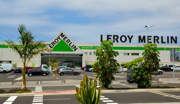 Tenerife, Canary Islands,Spain - March 19,2023: Leroy Merlin store parking and entrance with logo sign in Costa Adeje.Leroy Merlin is a French home improvement and gardening retailer.