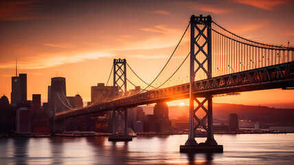 Fototapeta premium Beautiful view of the Bay Bridge in San Francisco at sunset. Illustration ai generative