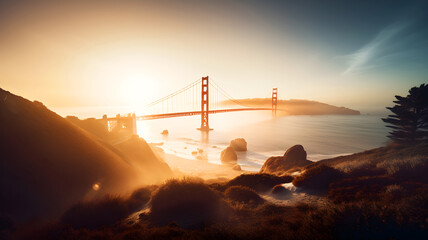 Beauty image of Golden Gate bridge at sunset, illustration ai generative