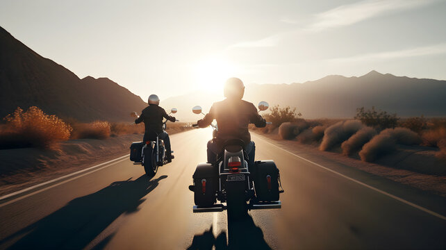 Bikers Riding At Sunset On A USA Road, Illustration Ai Generative