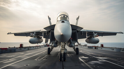 Front view of a jet fighter on an aircraft carrier, illustration ai generative
