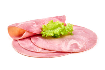 Boiled Ham Slices, close-up, isolated on a white background.