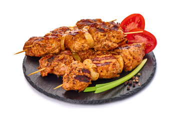 Roasted pork kebab BBQ, isolated on white background.