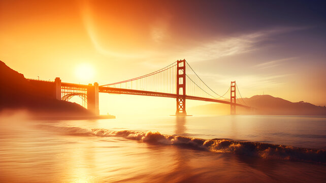Image of Golden Gate bridge at sunset, illustration ai generative
