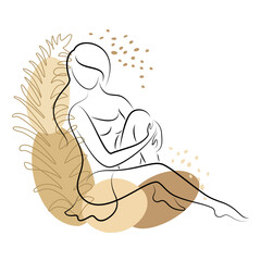 Silhouette of a woman in modern continuous line style and leaves of a plant. The girl is slim and beautiful. Lady suitable for decor, posters, stickers, logo. vector illustration.