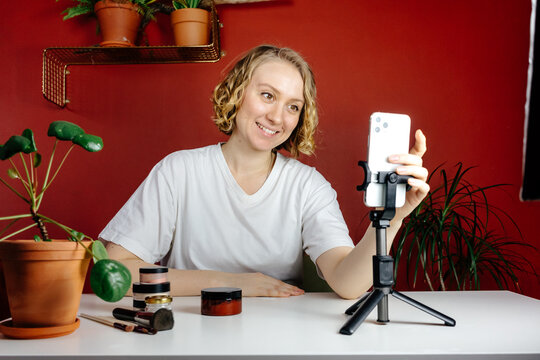 Female blogger starting to shoot video
