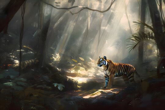 Painting of a Tiger in a rainforest | Animal illustrations/backgrounds/wallpapers |
