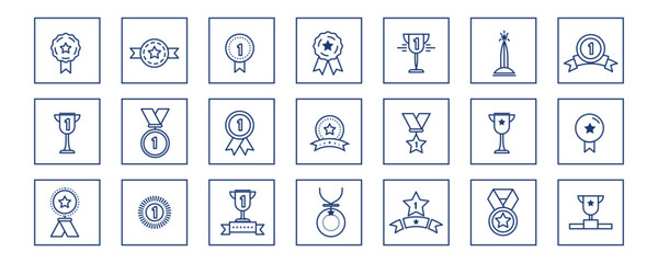 Winning icon set. Winers icon collection. Set of Winner medal. Trophy cup, Medal, Winner prize icon. Champion win trophy and medal with 1st sign. Vector illustration.