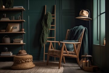 Rattan armchair with bag and hat on ladder in green living room with rug. Real picture. Generative AI