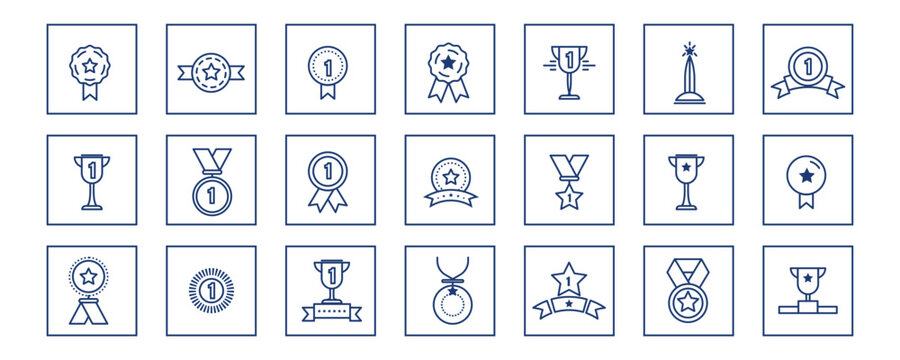 Winning icon set. Winers icon collection. Set of Winner medal. Trophy cup, Medal, Winner prize icon. Champion win trophy and medal with 1st sign. Vector illustration.