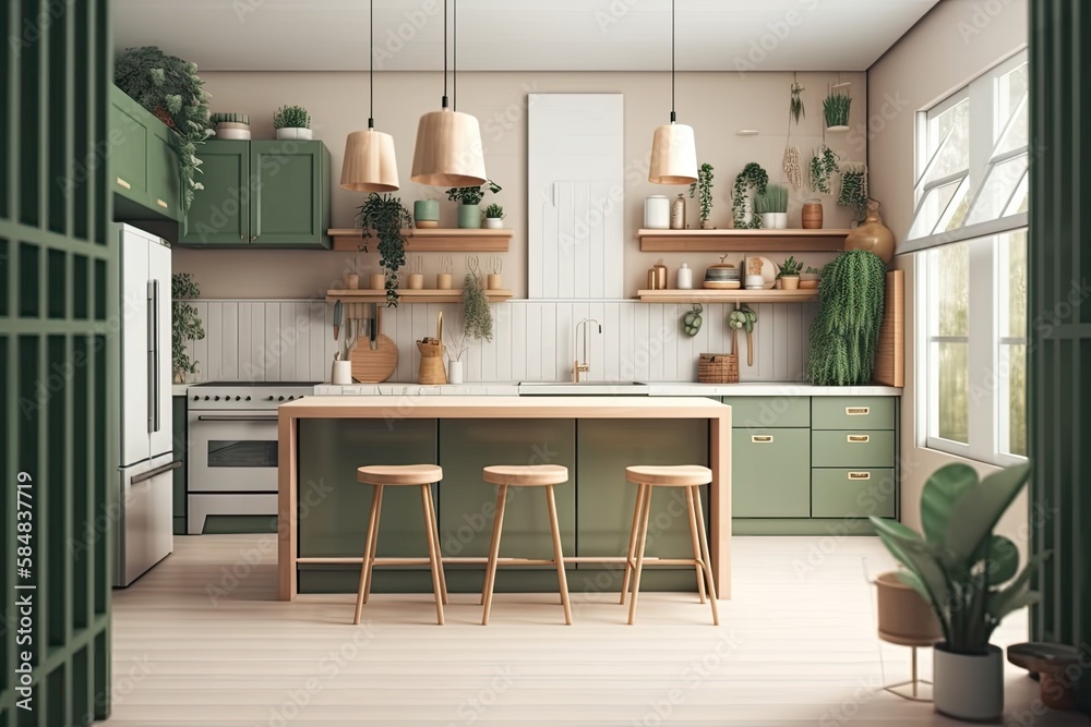 Poster Home interior decorate kitchen counter with green door,kitchen equipment,indoor plant,white window,wood cabinet,white terrazzo, and white wall. Generative AI