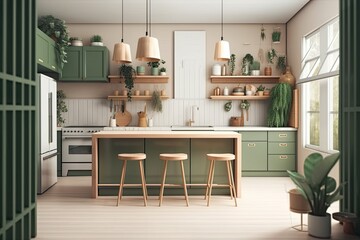 Home interior decorate kitchen counter with green door,kitchen equipment,indoor plant,white window,wood cabinet,white terrazzo, and white wall. Generative AI