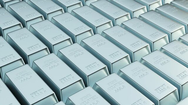 Silver ingots, loop animation. 3D render. Stack of silver bars moving background