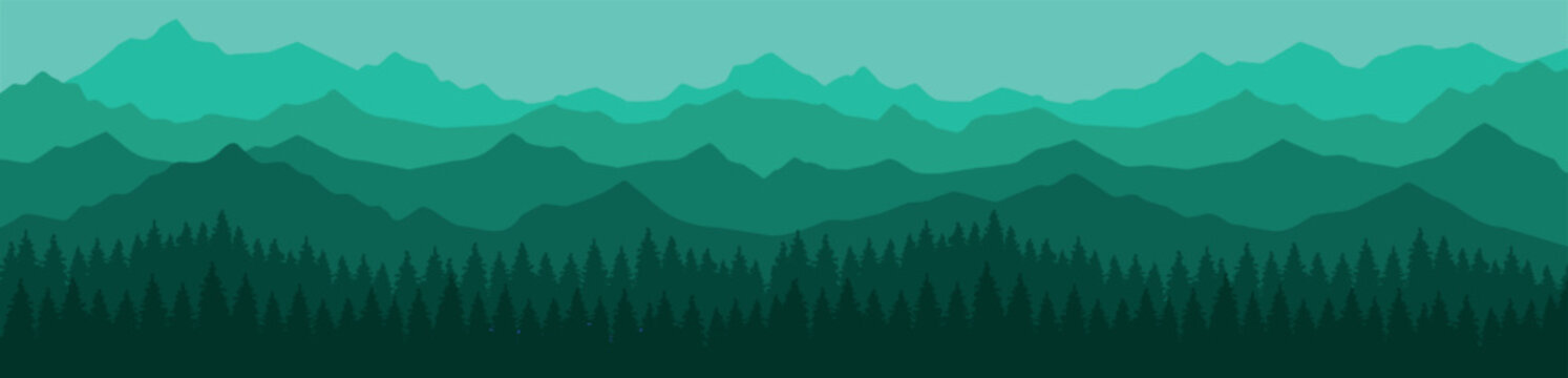 Vector illustration of panoramic landscape with mountains in green shades © Ольга Дикун