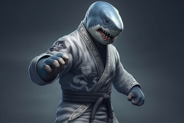 Shark dressed as a jiu jitsu fighter. Generate ai