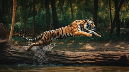 Fototapeta na wymiar Tiger jumping over the river. Generate ai