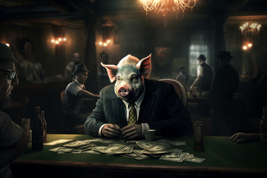 Mafias pig dressed witha suit with a lot of money on the desk. generate ai