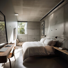 A bedroom with a modern minimalist design, king-sized bed, white linen, concrete walls, warm lighting, floor-to-ceiling windows, and a minimalist desk